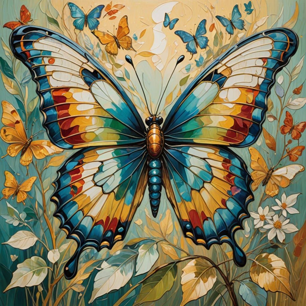 Expressive Impasto Butterfly in Vibrant Cubist Style