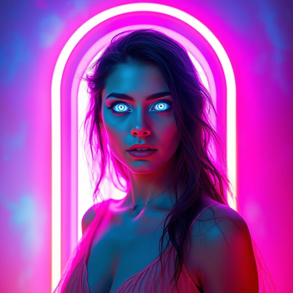 Mystical Woman in Neon Lights at Luminescent Doorway