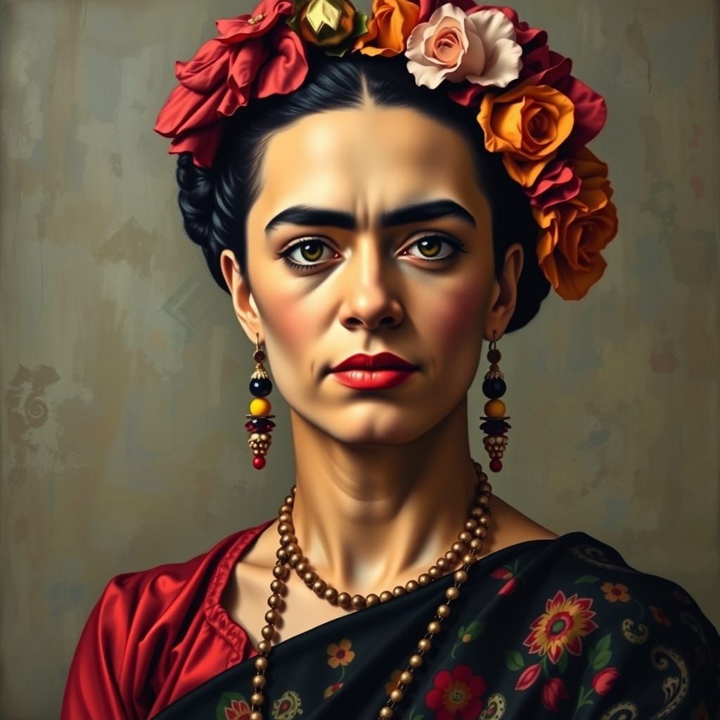 Vibrant Frida Kahlo Portrait in Aztec-Inspired Impasto Oil