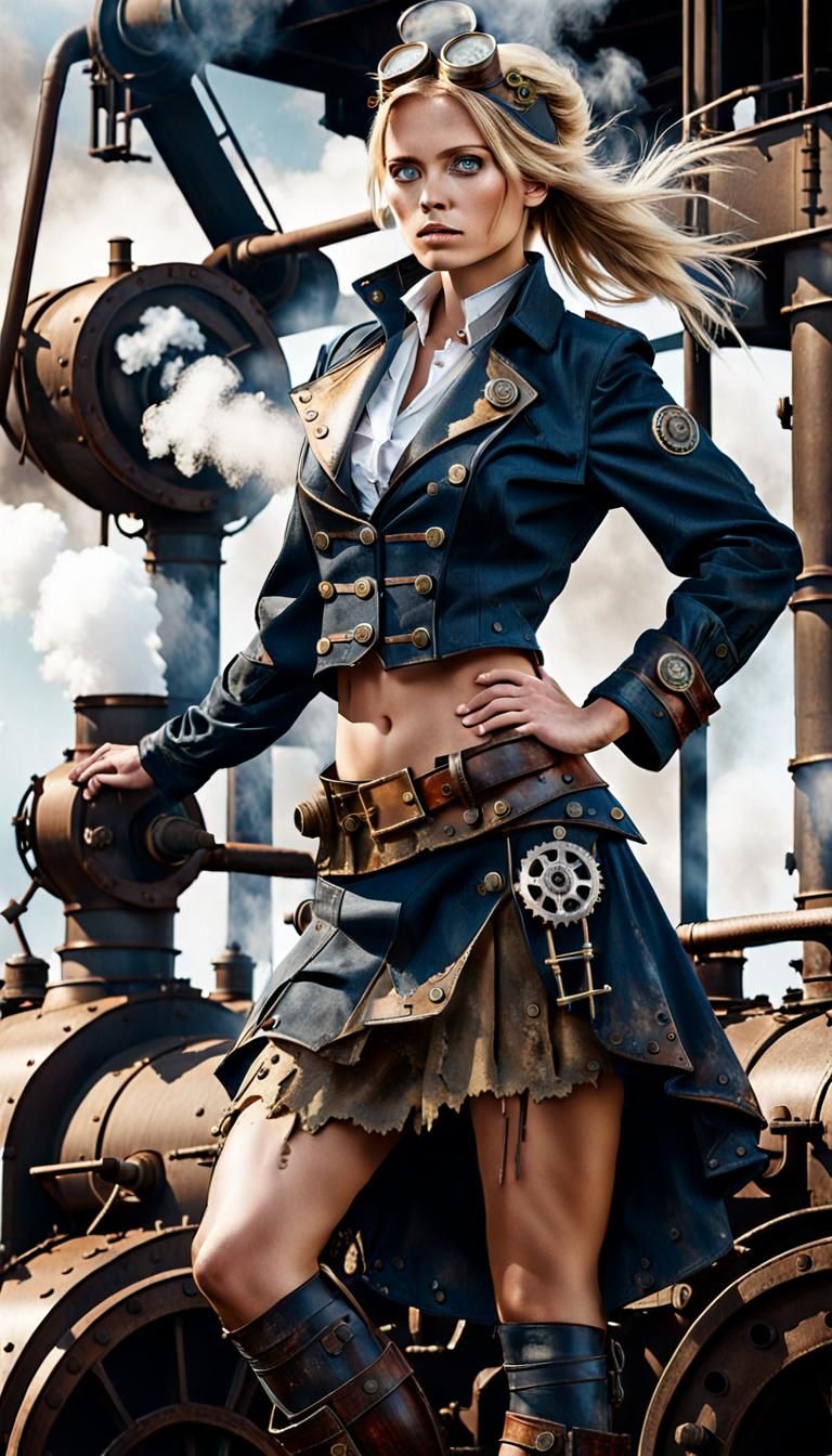 Steampunk Warrior: Blonde Woman on Steam Engine