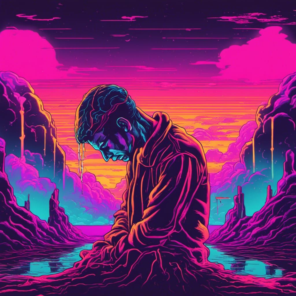 Melting Man in Synthwave Neon Retro Style