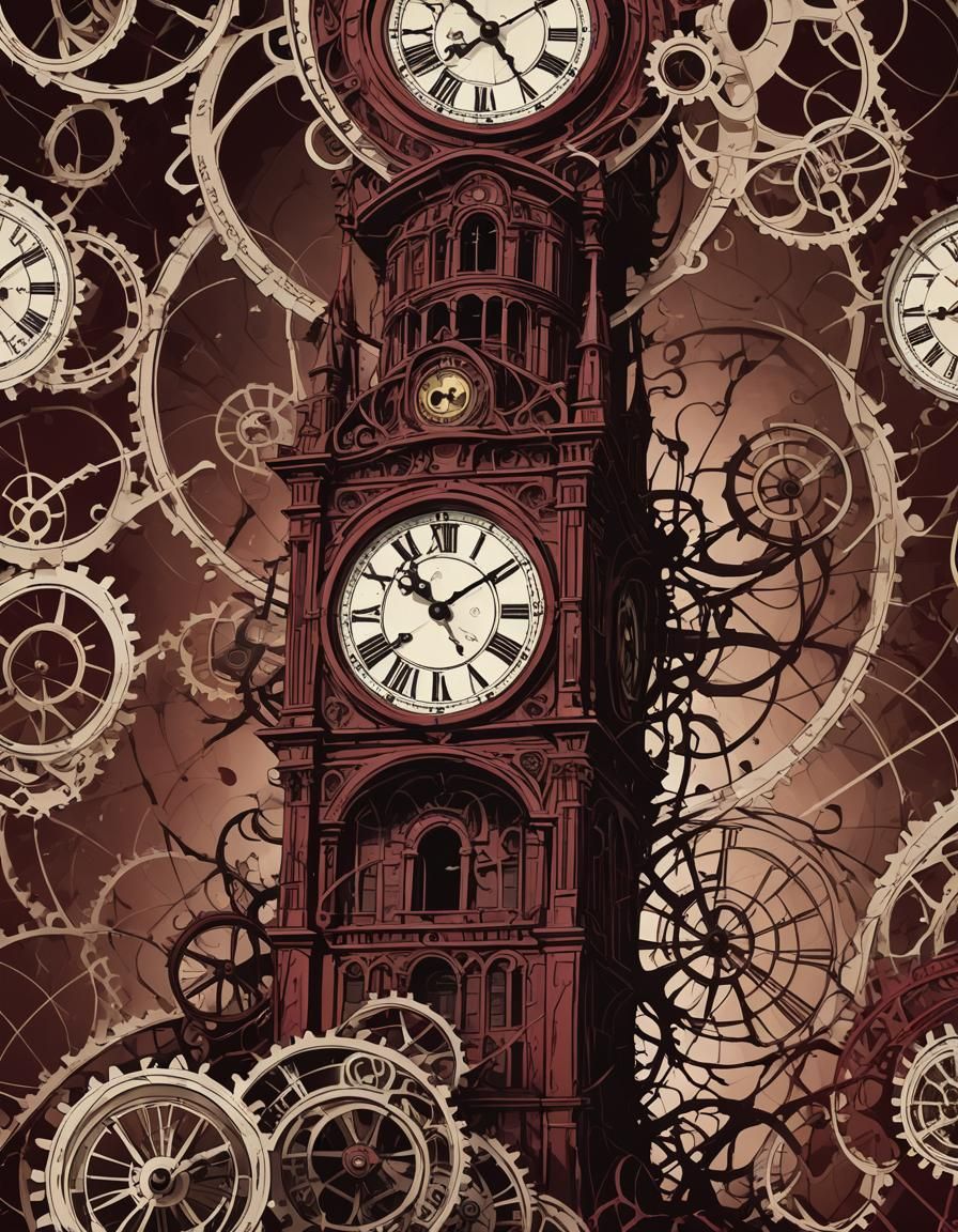 Distorted Clock Tower with Shadowy Figures