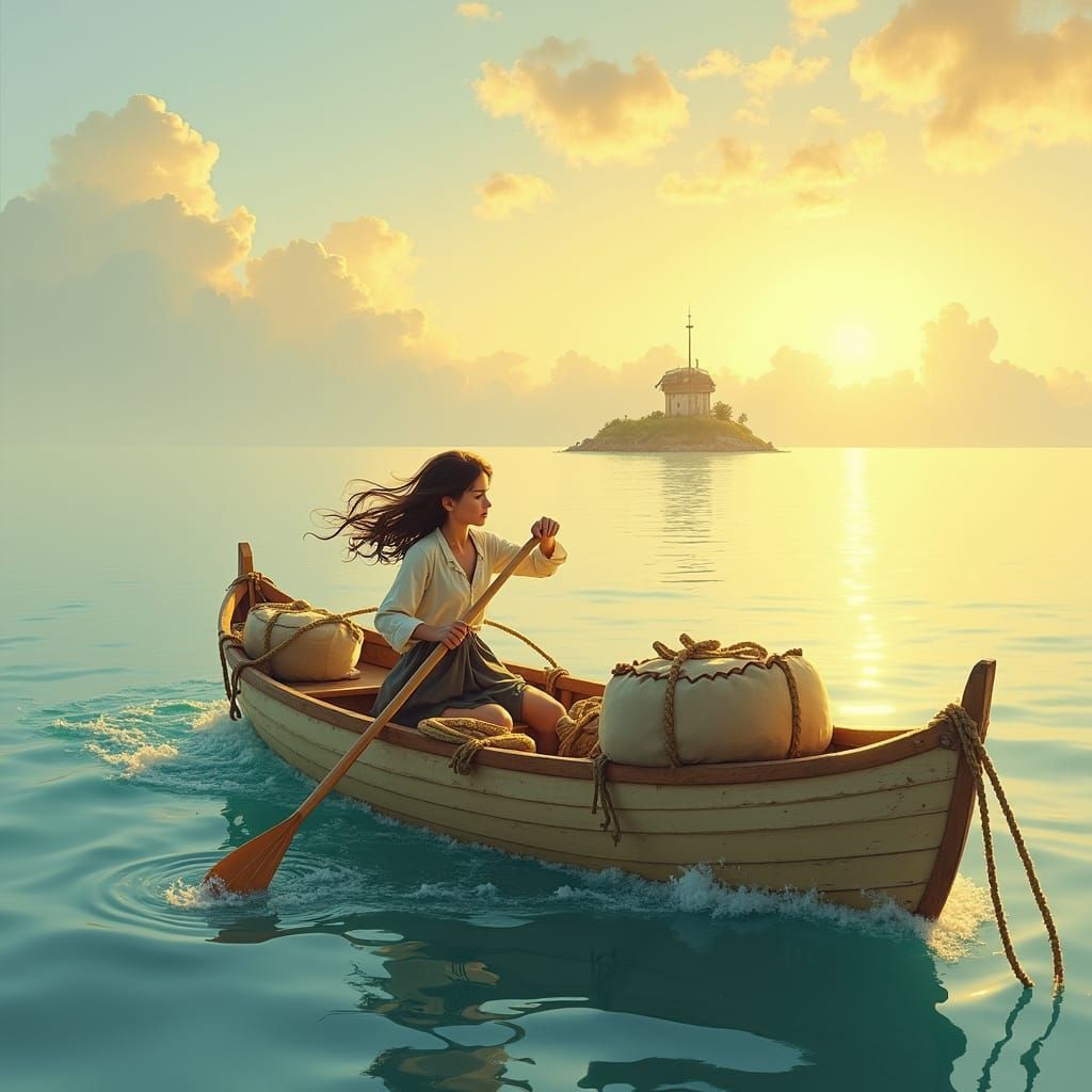 Girl on Raft at Dawn in Watercolor Style