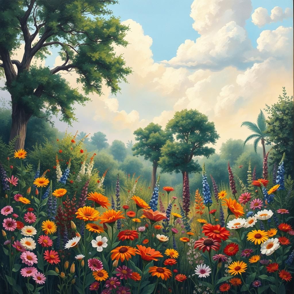 Dreamlike Garden of Flowers in Neo-Impressionist Style