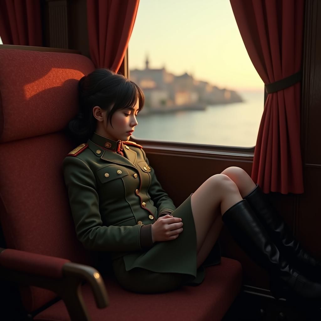 Girl in Military Uniform Sleeping on Train