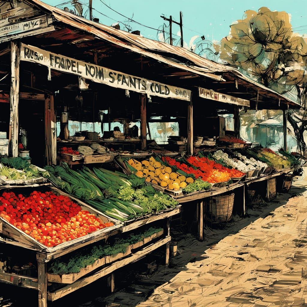 Whimsical Farm Stand Scene as Graphic Illustration