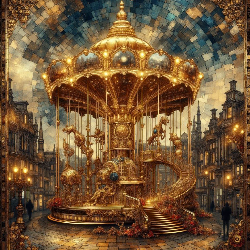 Steampunk Carousel in Victorian City Square