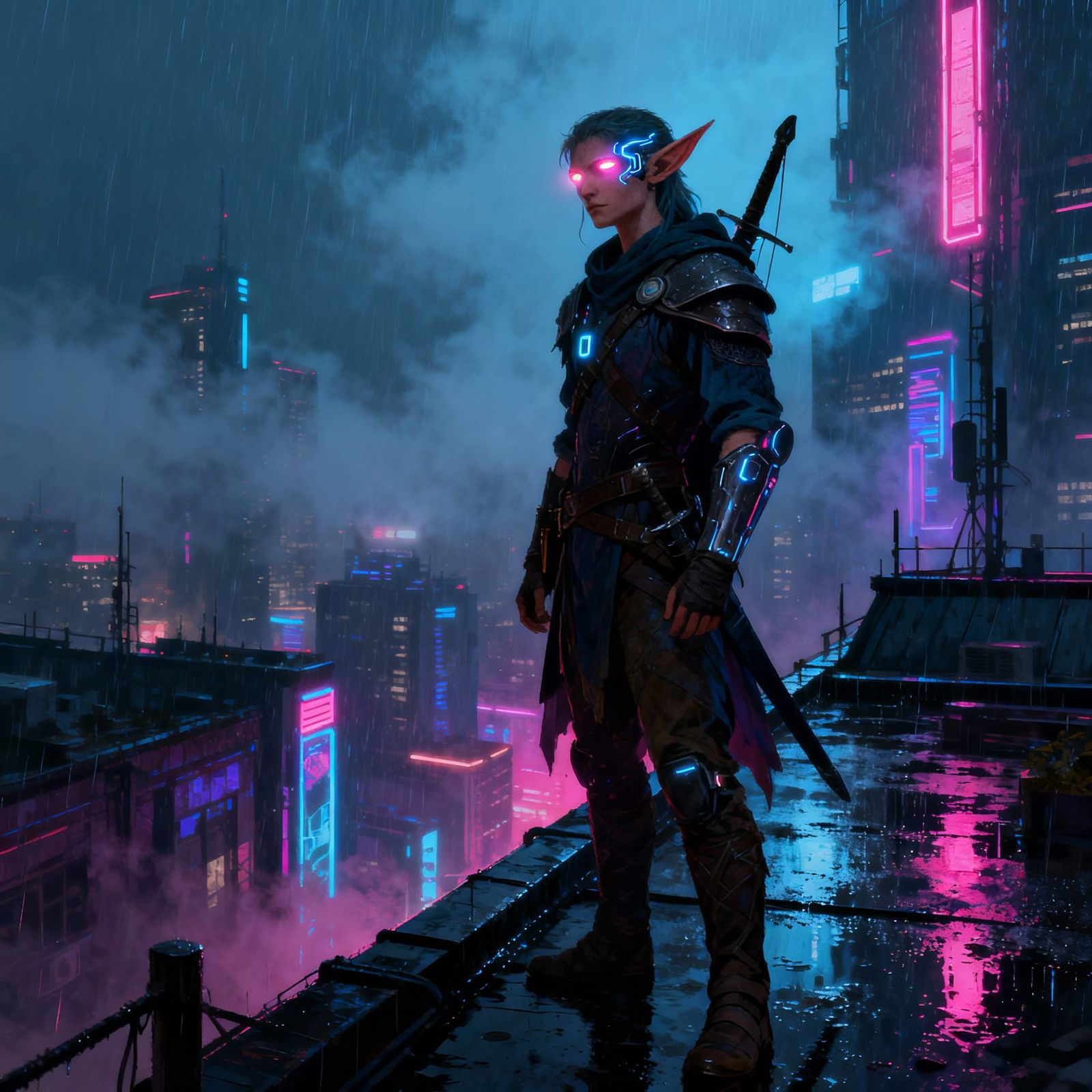 Elf Ranger in Neon Cyberpunk Cityscape