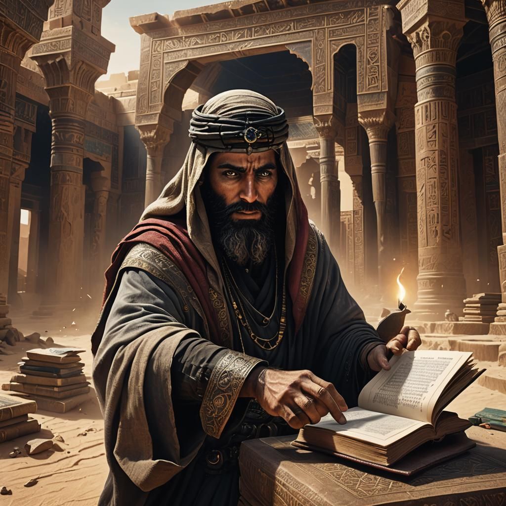 Arabian Reaching for Evil Book in Ancient Temple