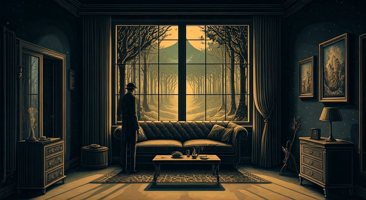 Man Gazes at Cosmic Forest Through Surreal Window