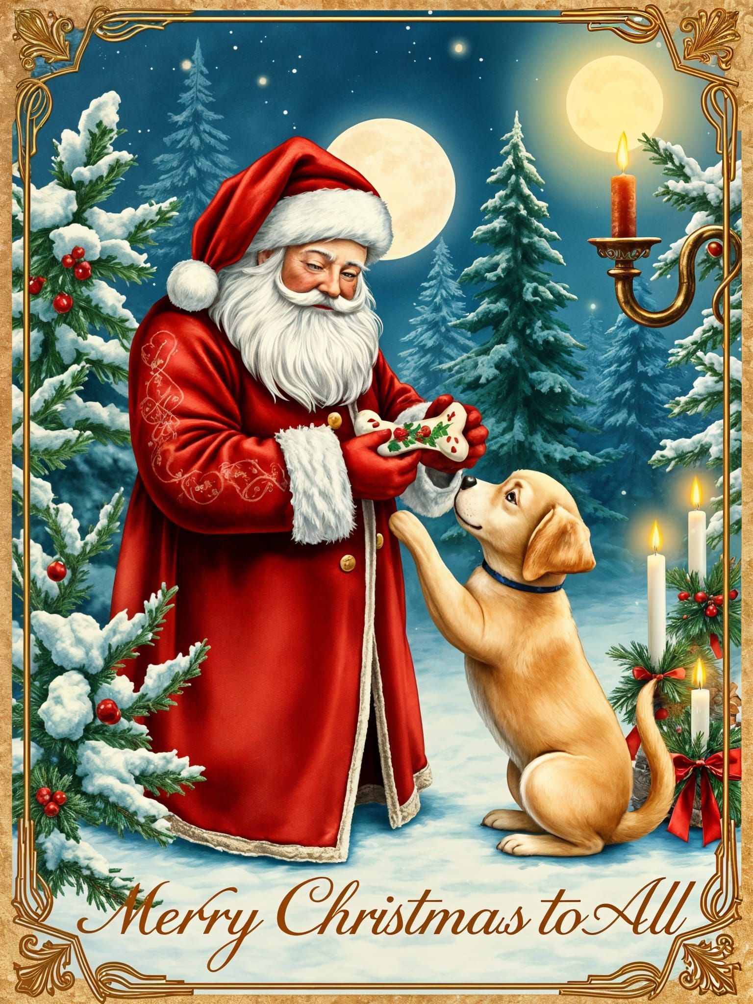 Victorian Christmas Postcard: Santa with Puppy
