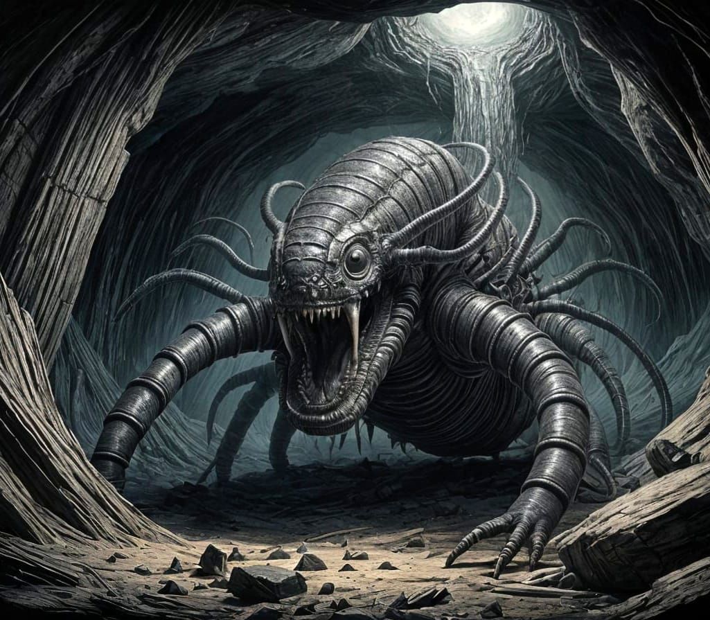 Grotesque Centipede Monster Looms Over Astronaut