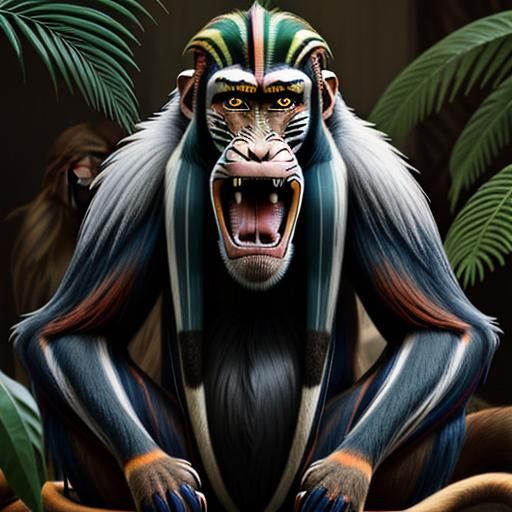 Roaring Mandrill Portrait: Displaying Sharp Teeth