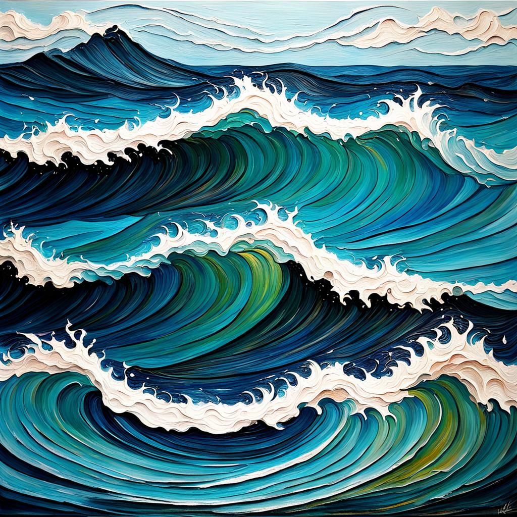 Abstract Impasto Painting of Ocean Waves