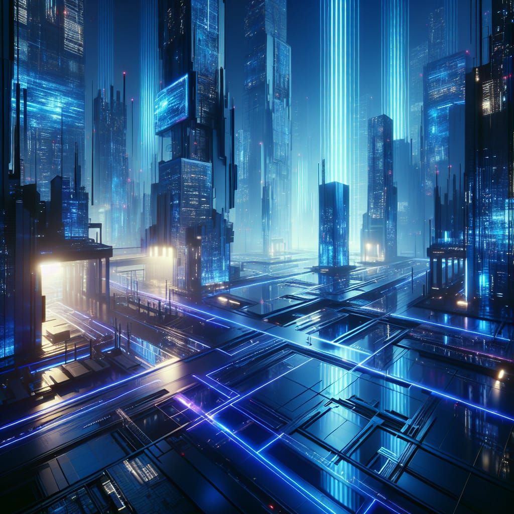 Futuristic Cityscape with Neon Blue Lights in 8K
