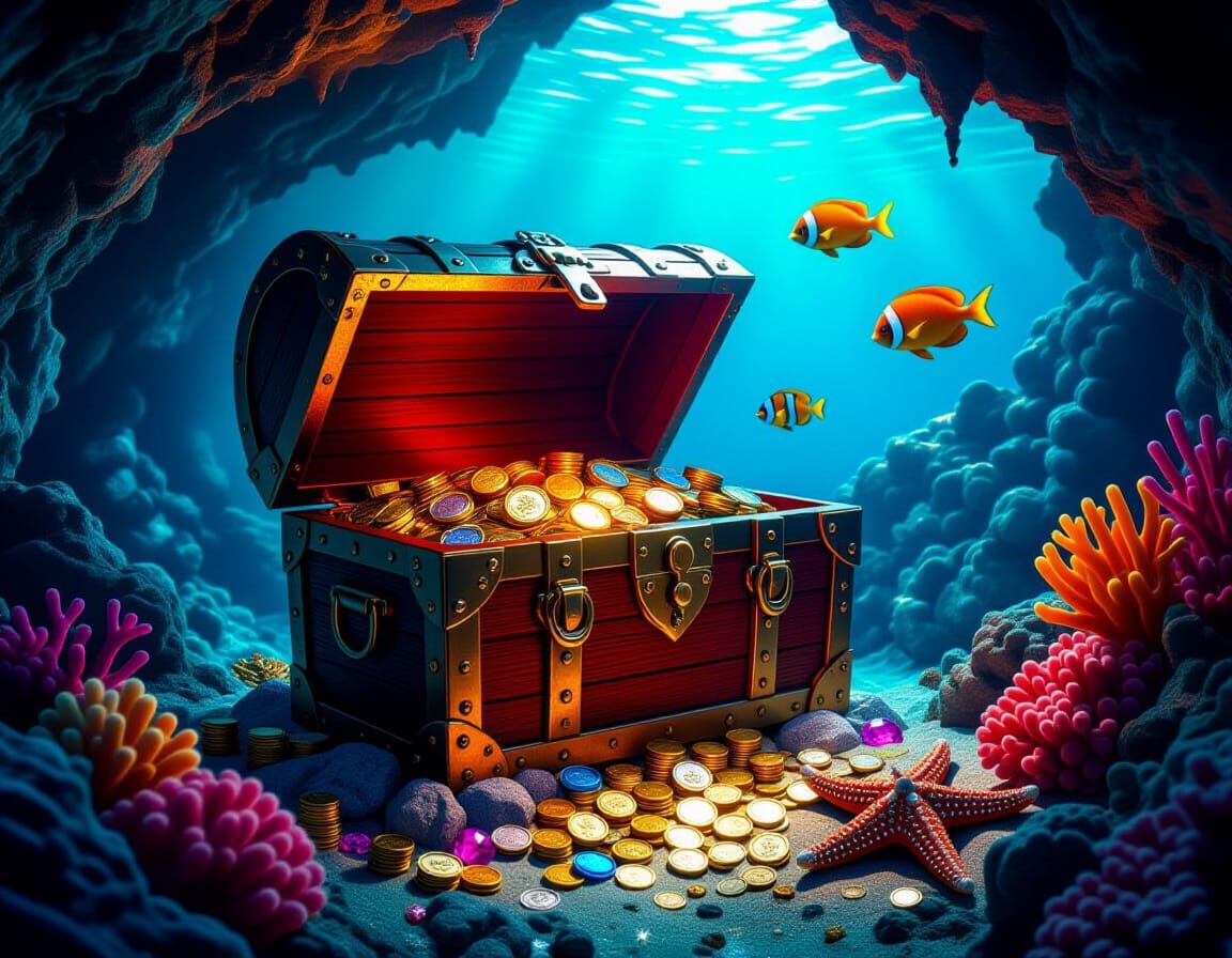 Underwater Treasure Cave in Digital Art Style
