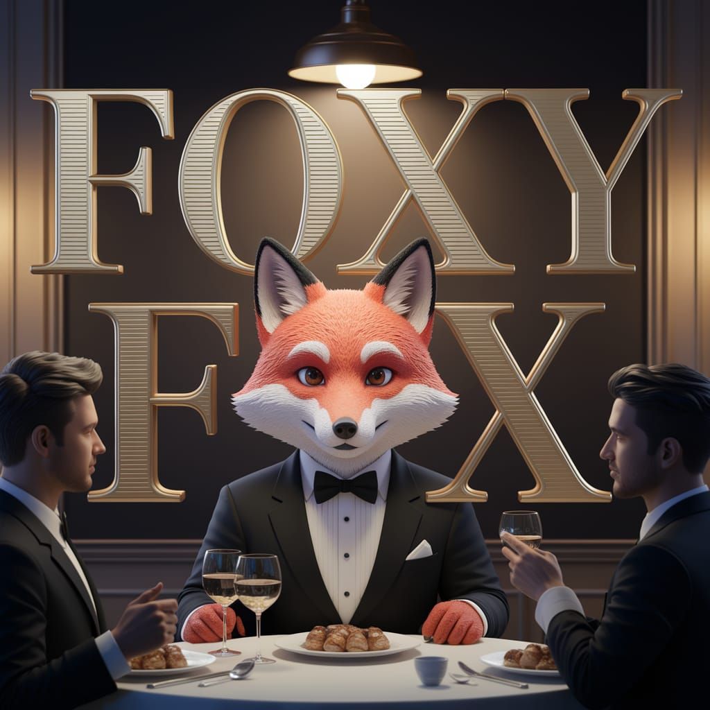 Text that says foxy Fox in a large 3d raised bold fancy classic serif sleek font with a textured fill. A stylish anthrop...