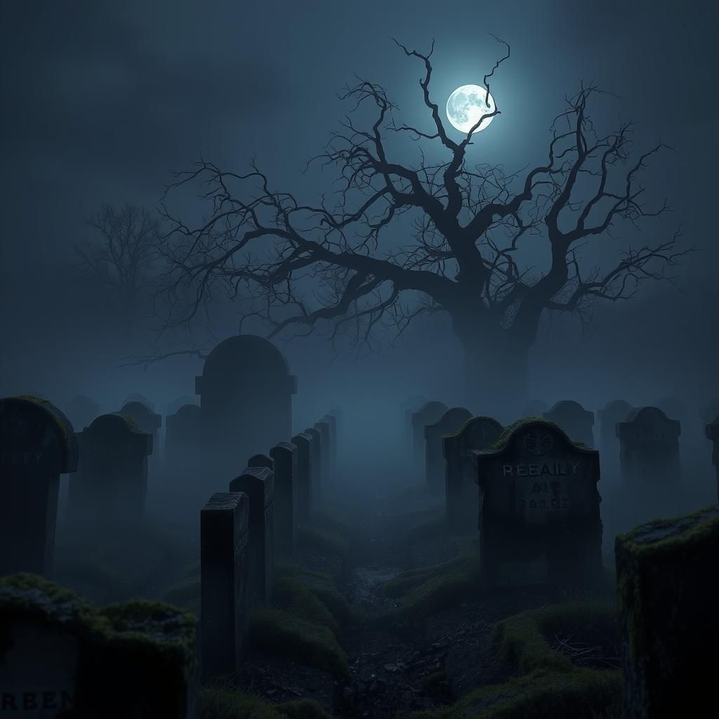 Eerie Graveyard Fog in Gothic Surrealism Style