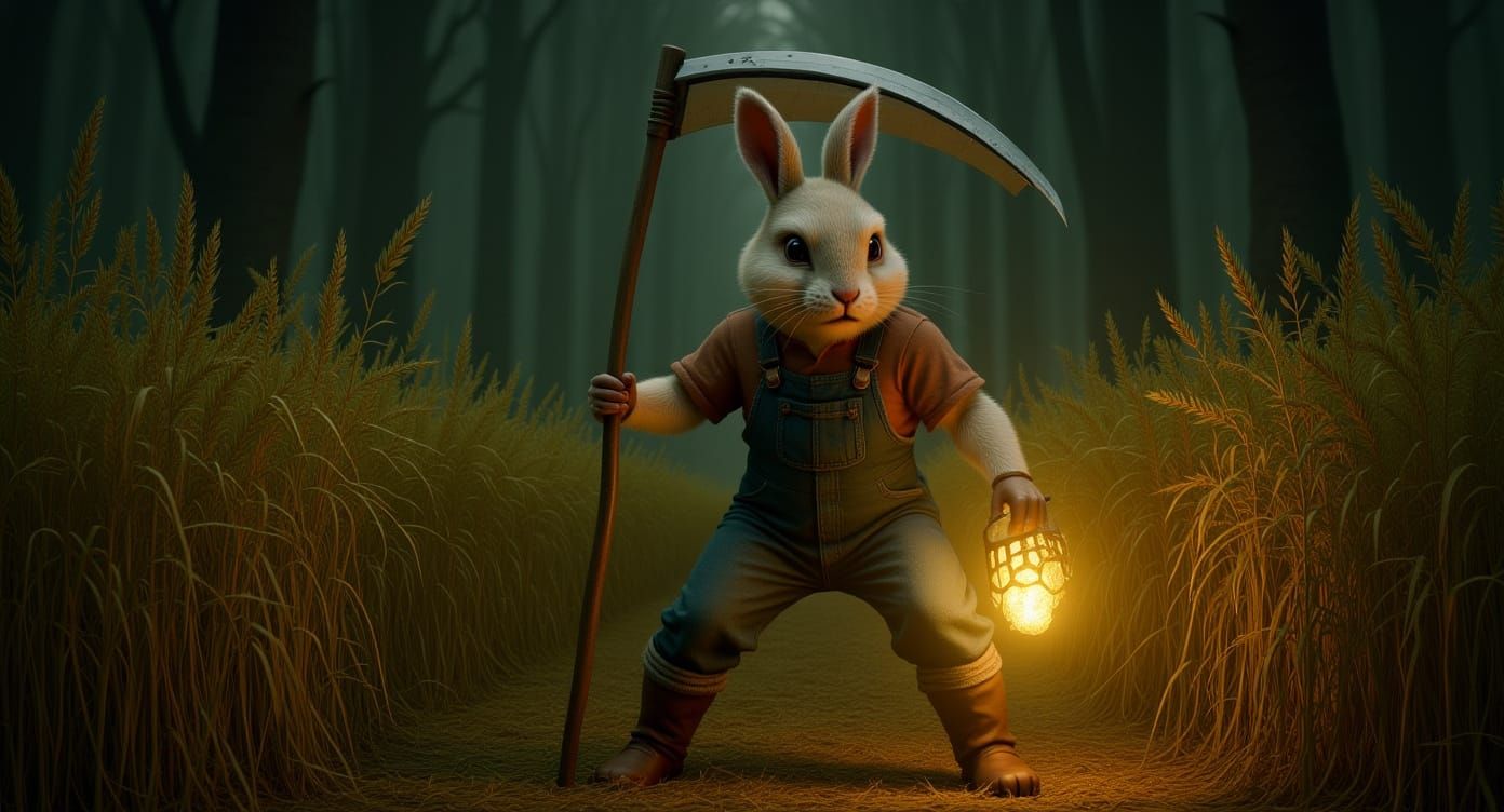 Eerie Rabbit Farmer Harvesting Spectral Wheat in Dreamlike S...