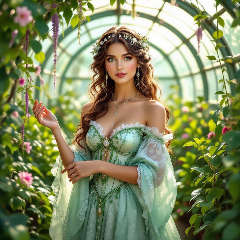 Celestial Gardener in Cosmic Greenhouse, Pre-Raphaelite Styl...