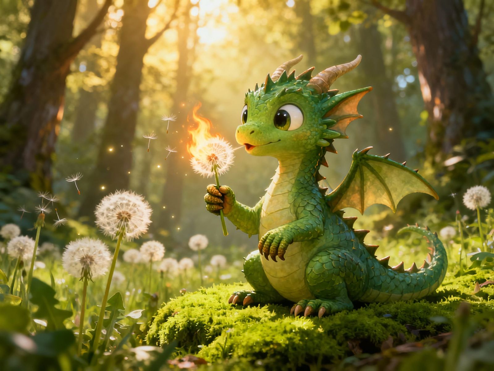 Whimsical Green Dragon in Lush Forest with Dandelions