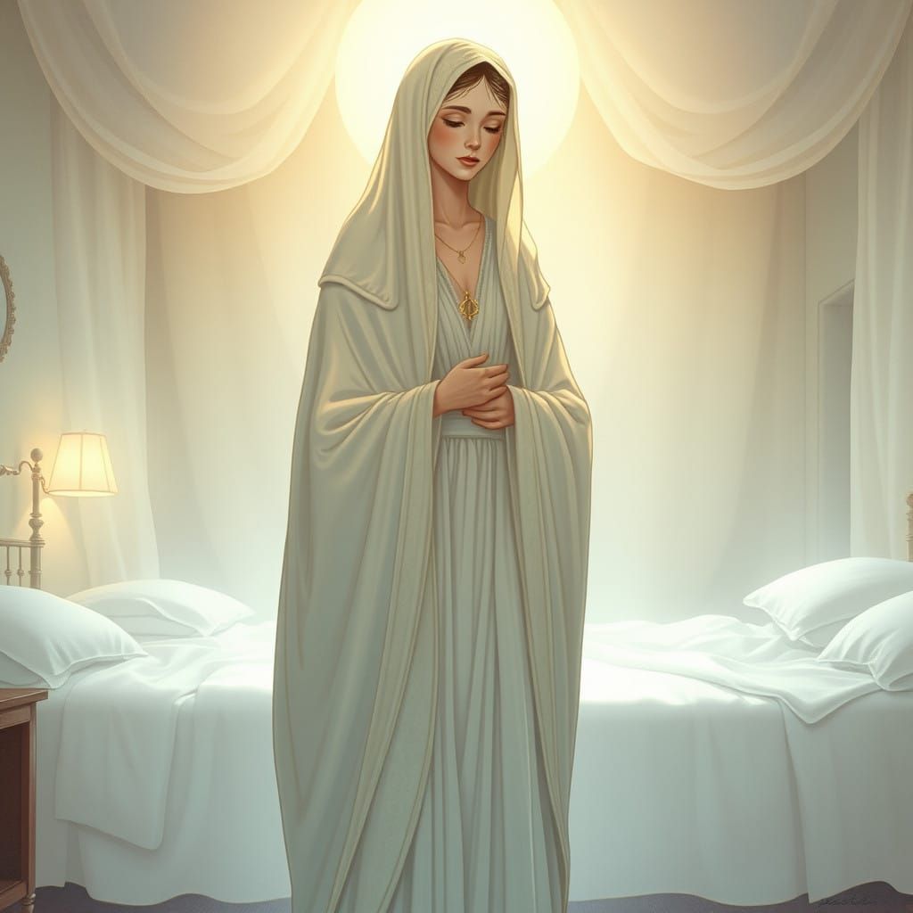 Enigmatic Goddess Mother in Dreamlike Dormitory Scene