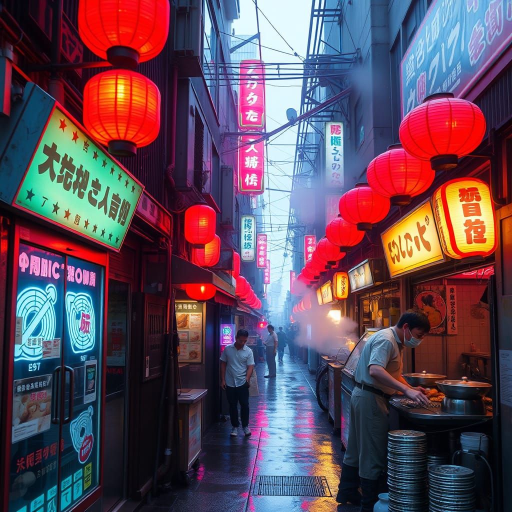 Dystopian Tokyo Alleyway at Night