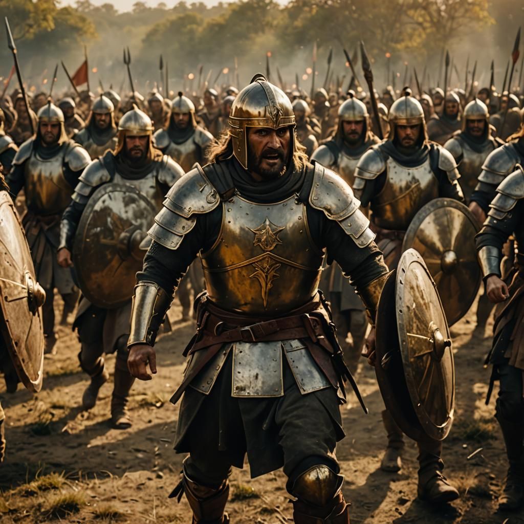 Medieval Army Battle Scene with Golden Hour Lighting