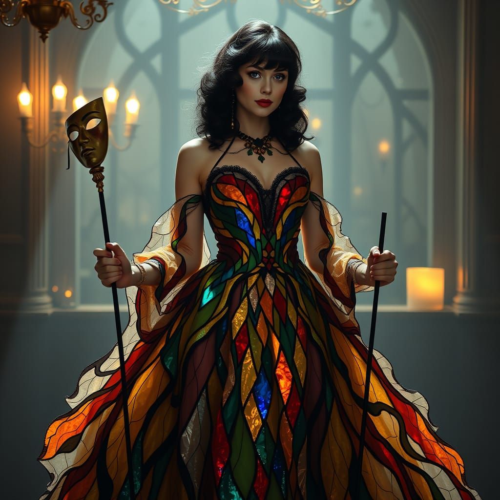 Elegant Woman in Stained Glass Gown at Art Nouveau Party
