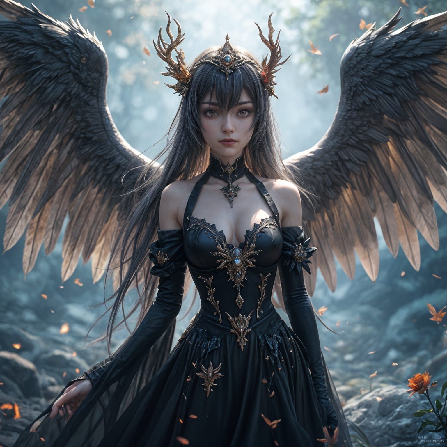 Enchanting Winged Queen in Cyberpunk Anime Style