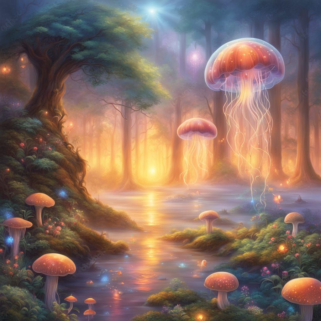 Glowing Jellyfish in Bioluminescent Forest
