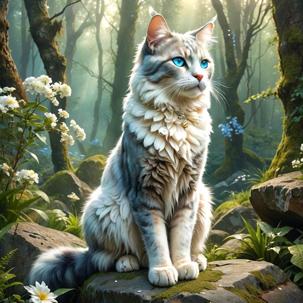 Blue-Grey Cat Leader with Flowers, Fantasy Art