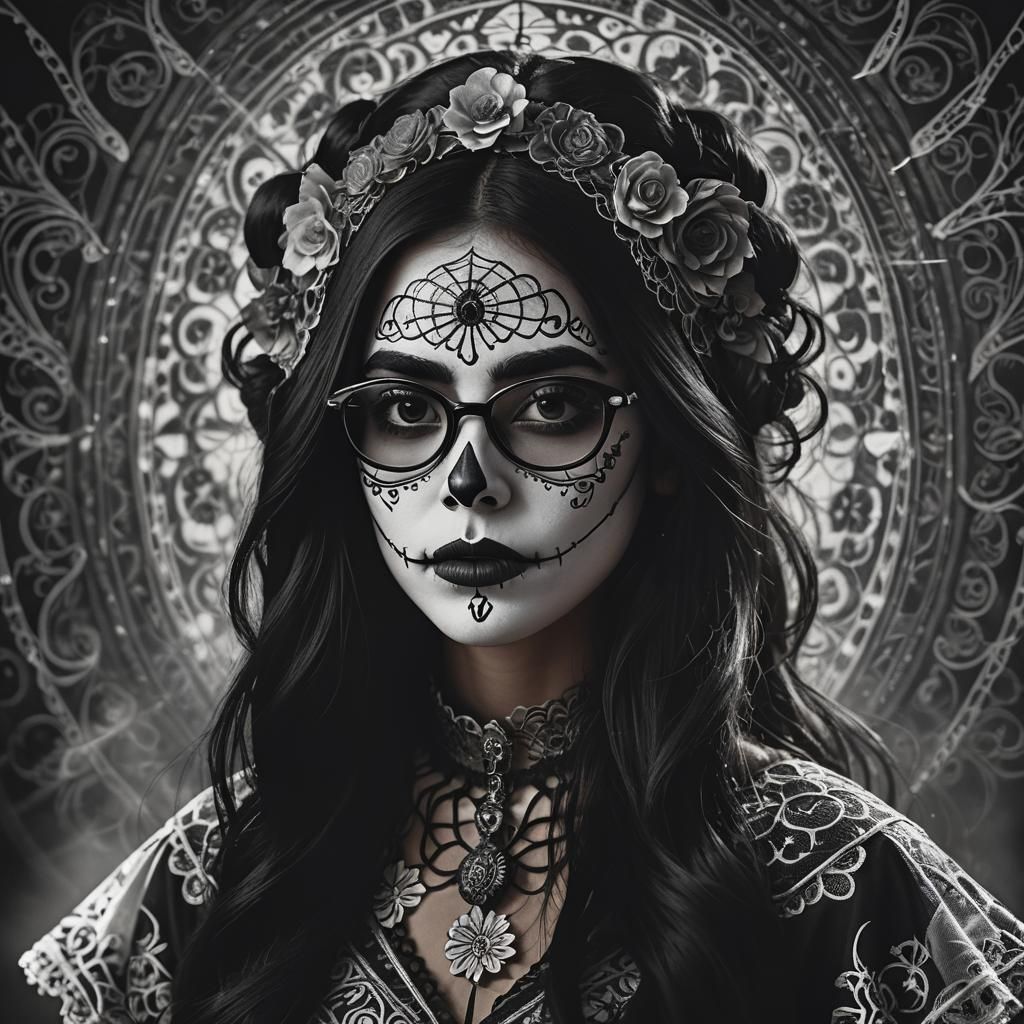 Monochrome Portrait of Portuguese Woman in Catrina Costume