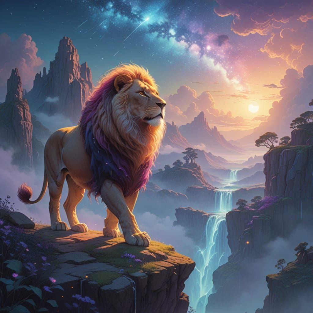 Surreal Lion in Cosmic Dreamscape with Celestial Waterfalls
