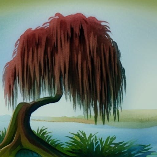 Weeping Willow Tree in Gouache Watercolor Style