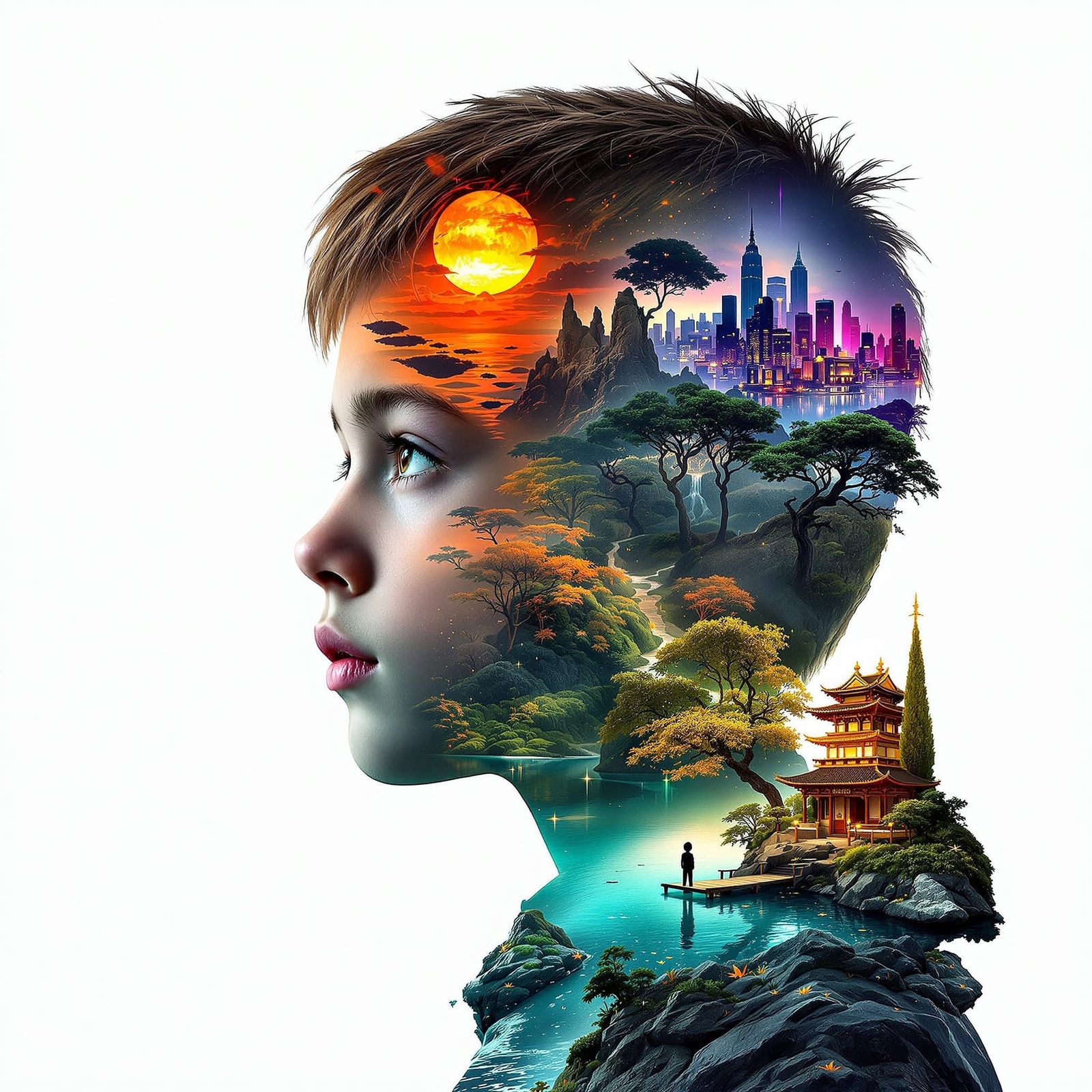 Surreal Double Exposure: Boy's Face with Apocalyptic & Futur...