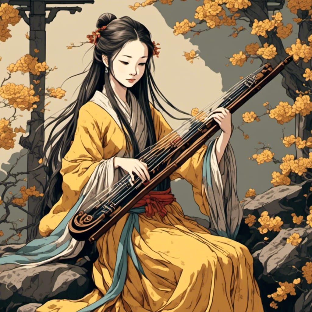 Girl with Zither in Sumi-e Style