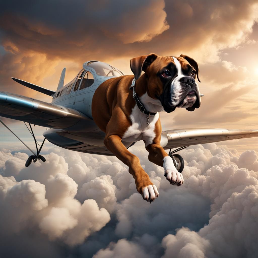 Boxer Dog Flying Airplane: Detailed Matte Painting