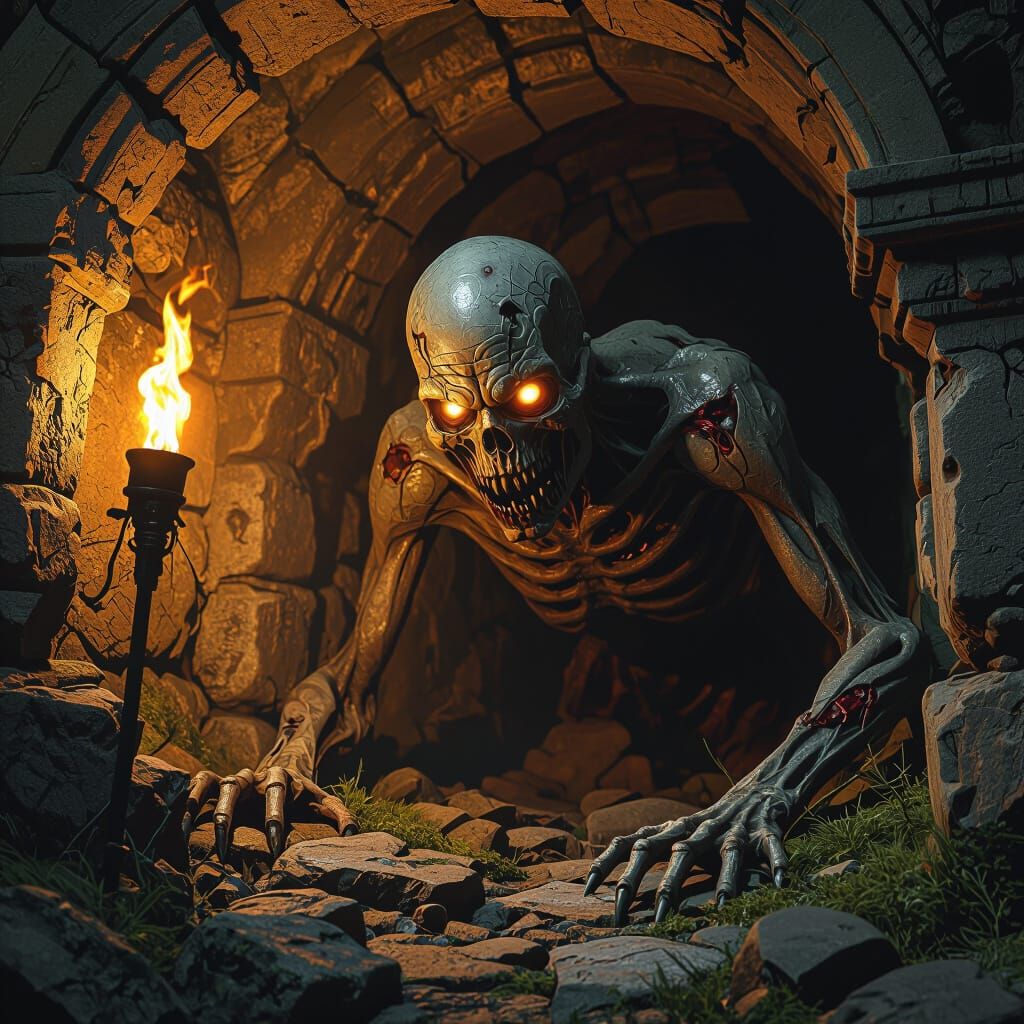 Undead Ghoul Crawling in Torchlit Catacombs