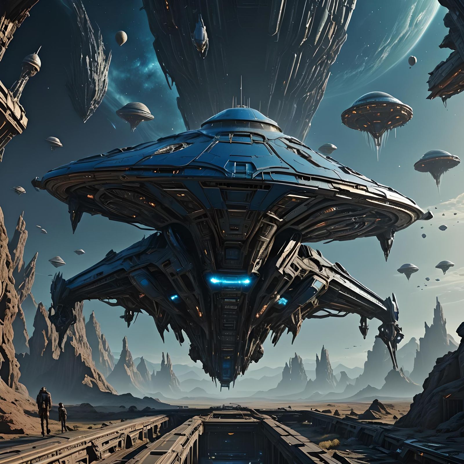 Detailed Blue Alien Starship Concept Art
