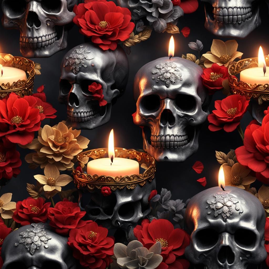 Crystal Skull Candles with Flowers: Fantasy Concept Art