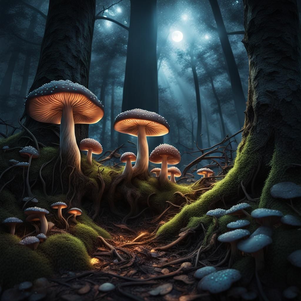 Enchanted Dark Forest with Glowing Mushrooms