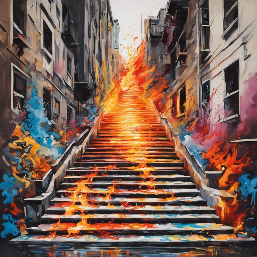 Fiery Stairway: Graffiti Art Reflecting Life's Journey