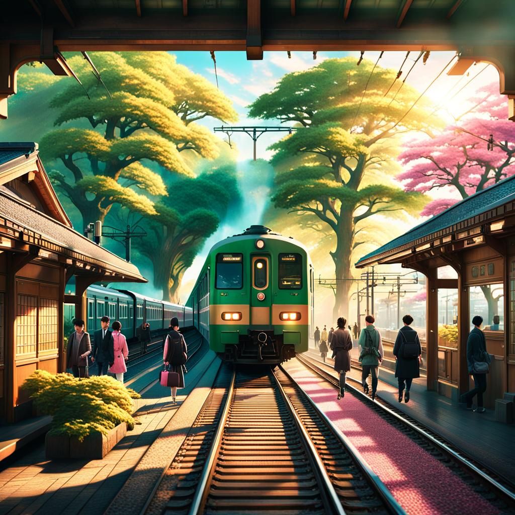 Spring Train Station in Japan: Cinematic Digital Art