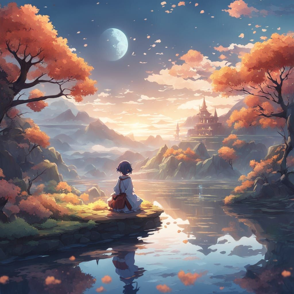 Delicate Maiden Lost in Thought Amidst Whimsical Dreamscape