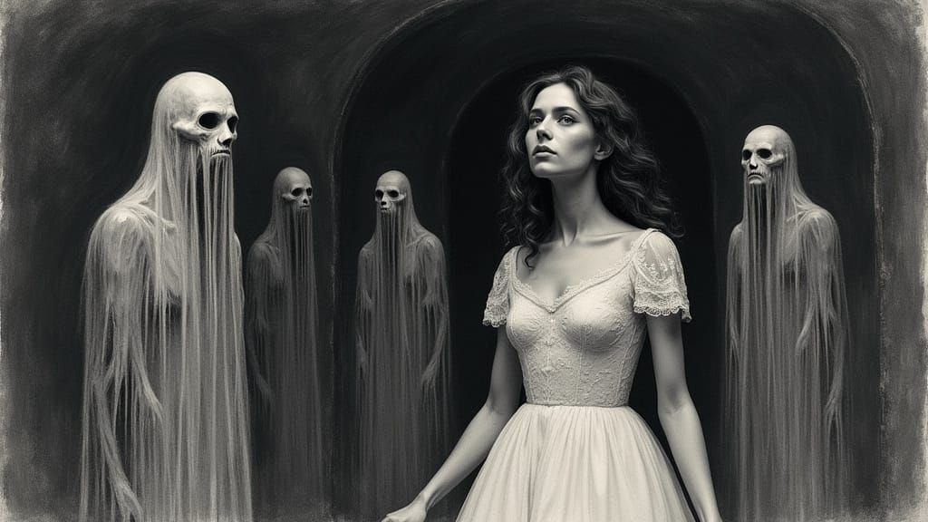Nightmarish Ghostly Forms Surround Woman in Dark Room Painti...