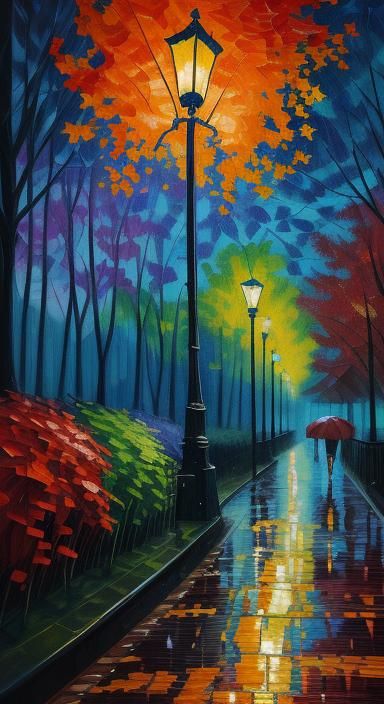 Rainy Autumn Park in Paper Collage Style