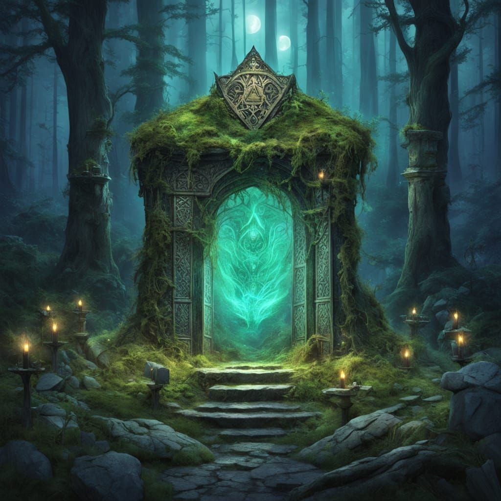 Ancient King's Crown on Altar in Mystical Forest