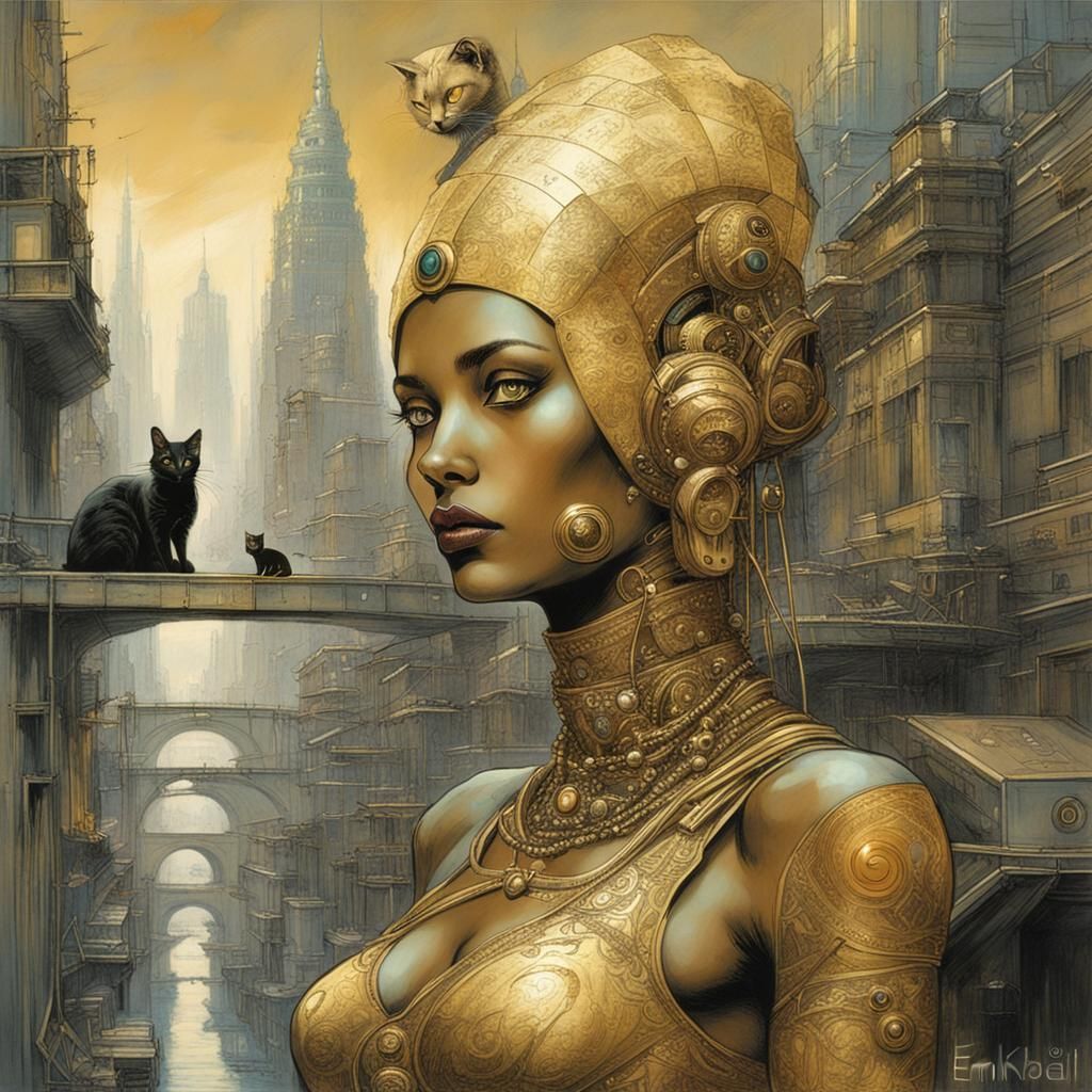 Golden Cat-Headed Goddess in Futuristic City