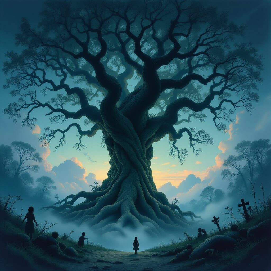 Ancient Tree of Lost Childhood Memories in Ethereal Mist